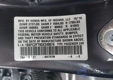 2016 Honda Civic Ex from USA, damaged, VIN 19XFC2F79GE249674